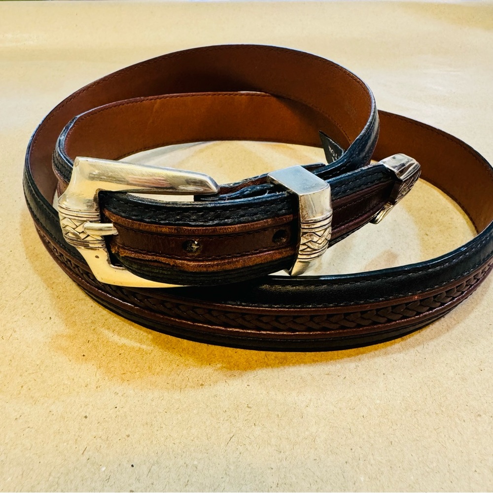Brighton Onxy Black & Brown Leather Belt w/Silver Hardware Sz 44
